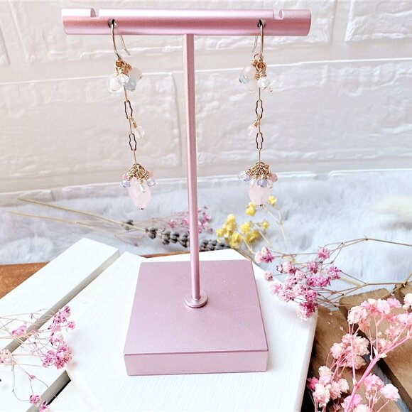New Handmade Rose Quartz with Tiny Gemstones Cluster Long Dangle Earrings - Picture 2 of 4
